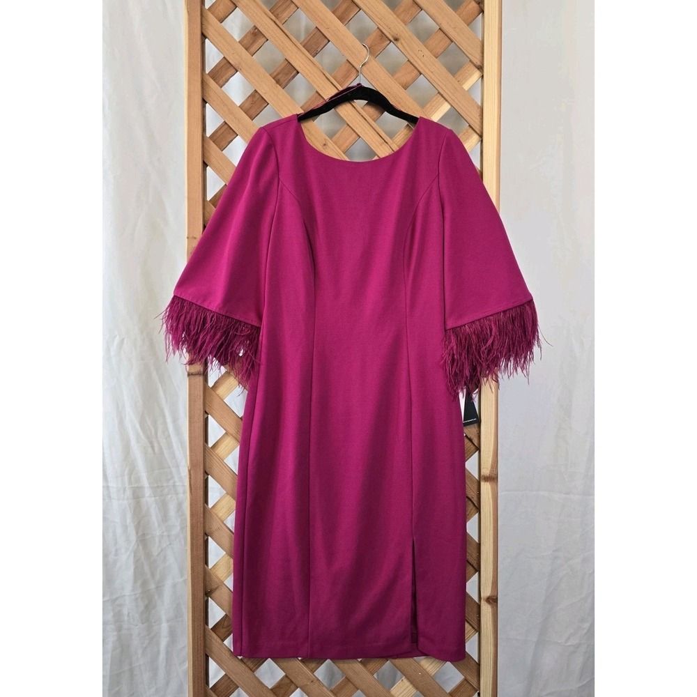 NWT Adrianna‎ Papell Womens Feather Trimmed Crepe Sheath Dress - Magenta - Sz 8